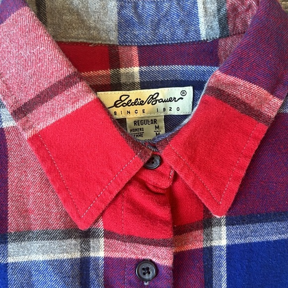 Eddie Bauer 100% Cotton Flannel Red and Blue Plaid Button-Up Shirt Women Medium - Picture 2 of 5